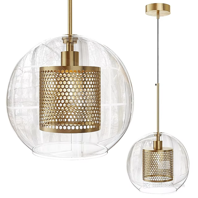Modern Pendant Light With Transparent Glass Globe And Golden Honeycomb Perforated Design 3d model 