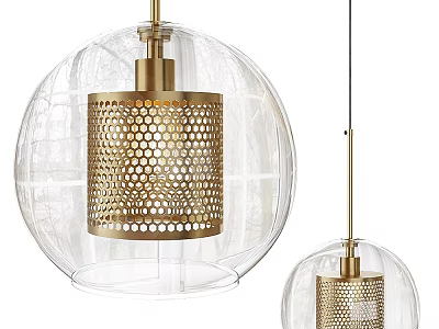 Modern Pendant Light With Transparent Glass Globe And Golden Honeycomb Perforated Design 3d model