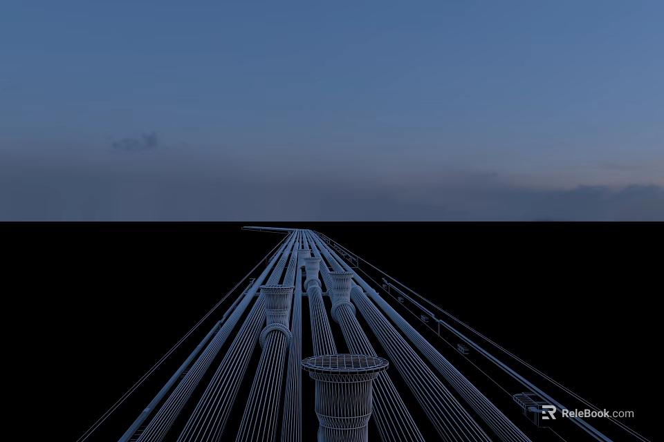 Industrial Metal Pipelines Extending Through Outdoor Evening Sky With Support Structures 3d model