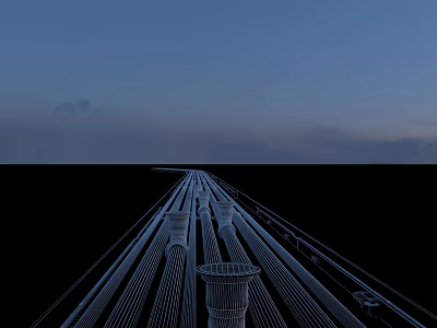 Industrial Metal Pipelines Extending Through Outdoor Evening Sky With Support Structures 3d model