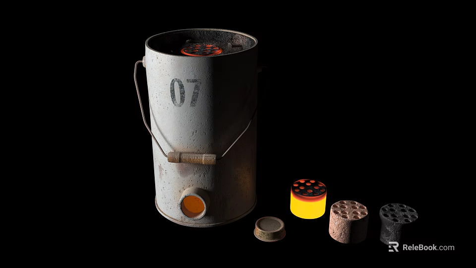 Metal Bucket Stove With 07 Label And Fuel Briquettes Nearby Small Lid 3d model 