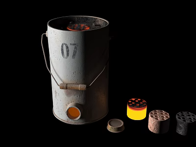 Metal Bucket Stove With 07 Label And Fuel Briquettes Nearby Small Lid 3d model