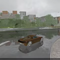 Modern Commercial Street Featuring Stylish Buildings Lush Greenery And Luxury Car Reflections