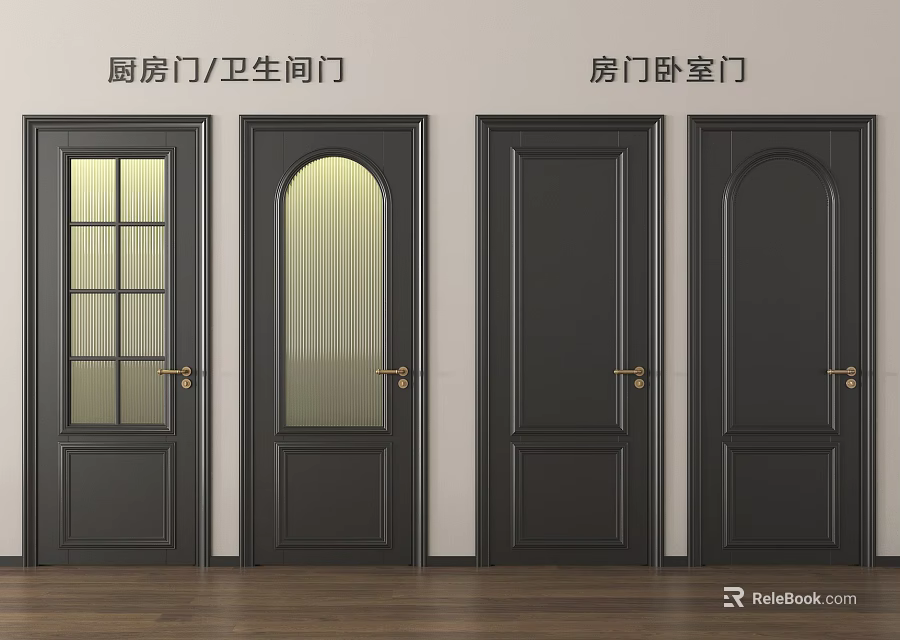 Dark Colored Kitchen Bathroom And Bedroom Doors With Glass Panels And Solid Design 3d model 