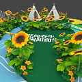 Scenic Sunflower Garden With River Tents Green Grass And Leaves