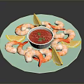 Fresh Shrimp Dish With Lemon Slices And Red Sauce Served On Blue Plate