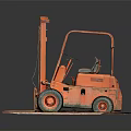 Vintage Orange Industrial Forklift Parked On Red Platform With Gray Background