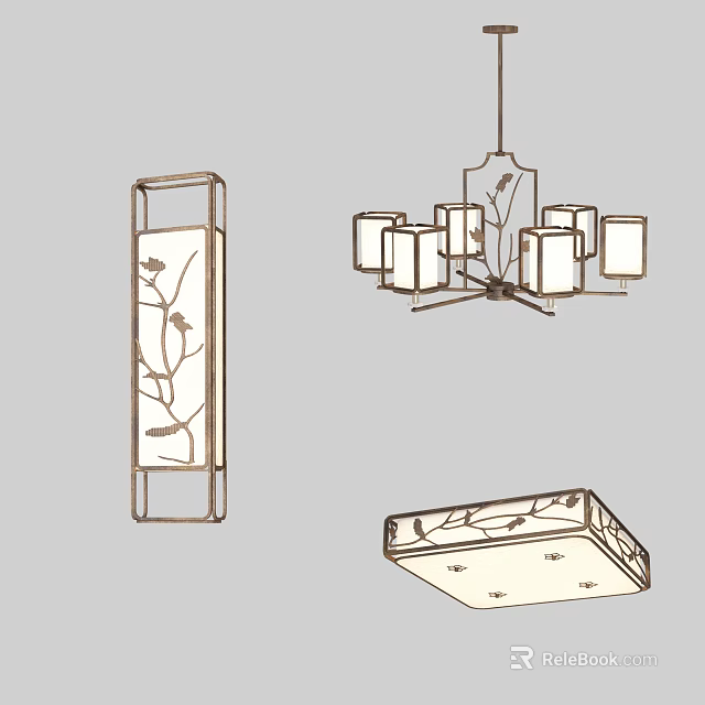 Decorative Lighting Combination With Wall Lamp Chandelier And Ceiling Lamp Featuring Branch Flower Patterns 3d model