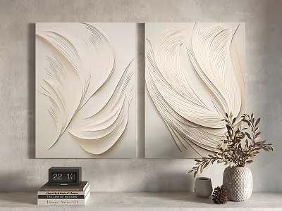 Two Panel Abstract Feather Wall Art With Books Digital Clock And Potted Plant 3d model