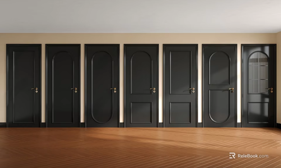 Multiple Black Hinged Doors Featuring Various Panel Designs in Interior Space 3d model 
