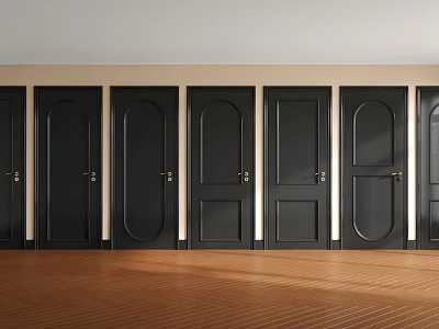 Multiple Black Hinged Doors Featuring Various Panel Designs in Interior Space 3d model