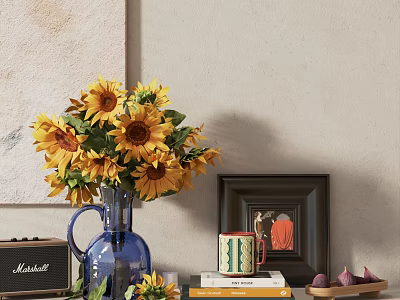 Decorative Ornament Set with Sunflower Bouquet Blue Vase Black Photo Frame Colorful Mug and Books 3d model