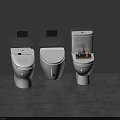Three Modern White Toilets in Bathroom Interior with Tray of Aromatherapy Products