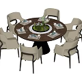 Modern Round Dining Table and Six Chairs Set with Tableware and Green Plant