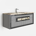 Modern Vanity Design With Gray Cabinetry And Marble Countertop Striped Panels