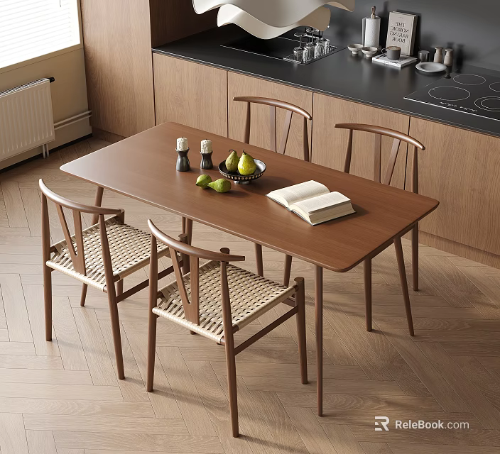 Modern Restaurant Wooden Dining Table With Woven Chairs Fruit Bowl Open Book Salt Pepper Shakers 3d model 