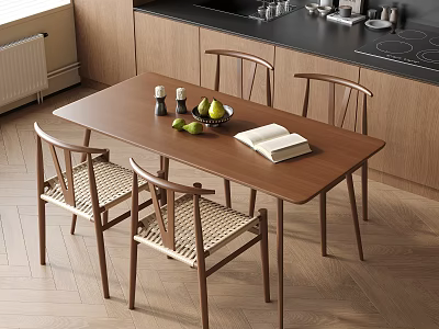 Modern Restaurant Wooden Dining Table With Woven Chairs Fruit Bowl Open Book Salt Pepper Shakers 3d model
