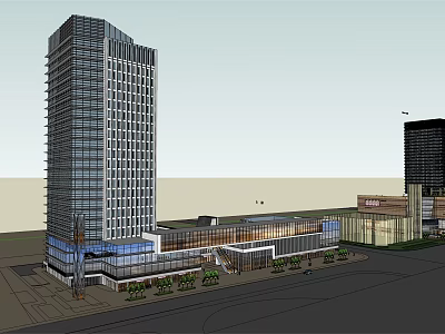 Modern Commercial Street With Tall Glass Buildings Low Rise Retail Structures And Green Plants 3d model
