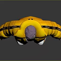 Masked Character Wearing Yellow Puffer Jacket With Biohazard Symbols On Pants And Orange Shoes
