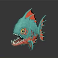Cartoon Turquoise Fish With Red Fins Yellow Eyes And Sharp Teeth