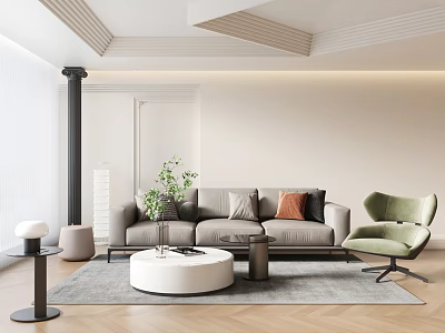 Modern Minimalist Gray Sofa With Round White Coffee Table Green Accent Chair And Throw Pillows 3d model