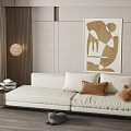 Modern Light Beige Chaise Lounge With Cozy Pillows Wooden Elements And Abstract Painting