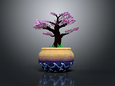 Bonsai Tree With Pink Blossoms And Green Grass In Decorative Yellow Blue Pot 3d model