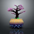 Bonsai Tree With Pink Blossoms And Green Grass In Decorative Yellow Blue Pot