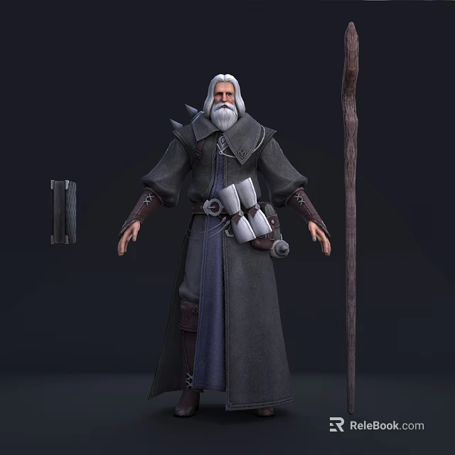 Wizard Game and Movie Character With White Beard Dark Robe Scrolls and Long Staff 3d model