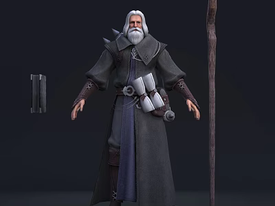 Wizard Game and Movie Character With White Beard Dark Robe Scrolls and Long Staff 3d model