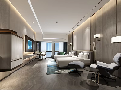 Modern Hotel Guest Room With Wooden Decor King Bed Sofa TV Floor To Ceiling Windows 3d model