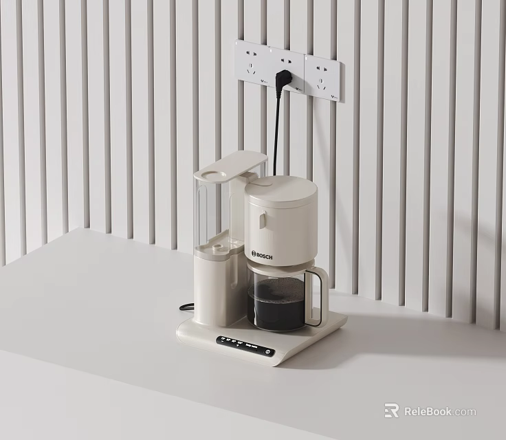 Smart Coffee Maker On White Table Against Striped Wall With Socket 3d model