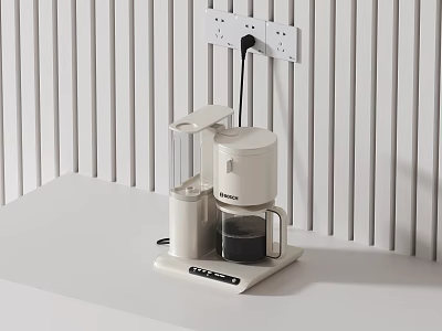 Smart Coffee Maker On White Table Against Striped Wall With Socket 3d model
