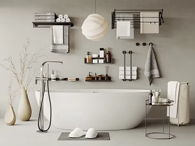 Minimalist Modern Bathroom With White Bathtub Towel Racks And Decor 3d model