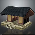 Traditional Asian Building Featuring Dark Blue Tile Roof Red Eaves Yellow Walls And Stone Steps