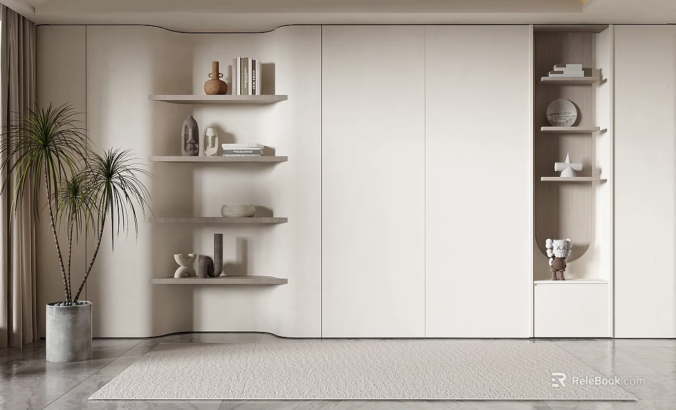 Light Colored Modern Decorative Cabinet with Open Shelves Displaying Vases Books and Decorative Ornaments 3d model 