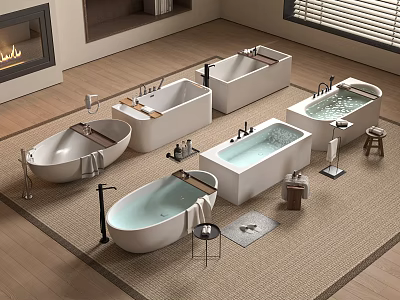 Modern Bathroom Interior With Various Design Bathtubs Wooden Stools And Faucet Fixtures 3d model