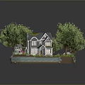 Scenic Rural Landscape With Gray House Tall Green Trees And Calm Blue Water