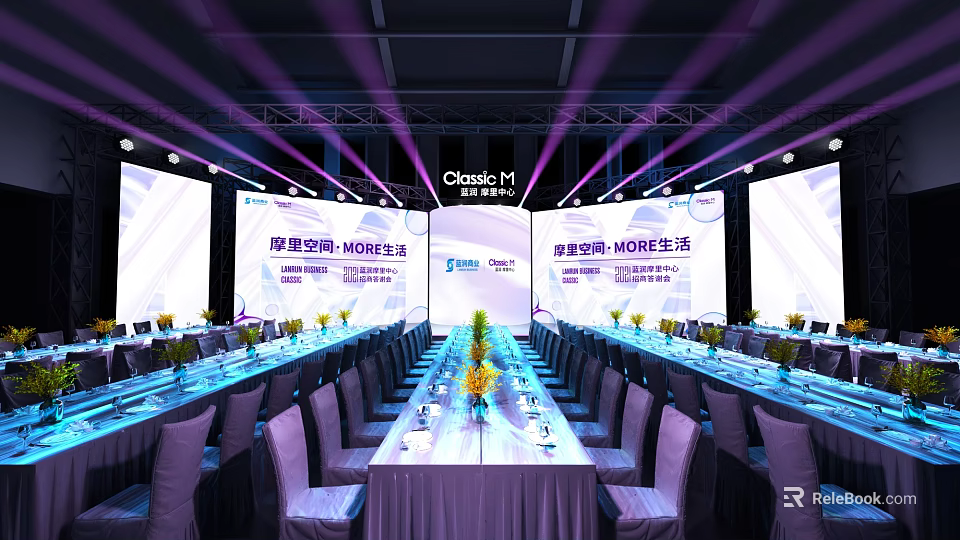 Modern Conference Event Venue With Stage Backdrop Screens Long Tables Chairs And Lighting 3d model 