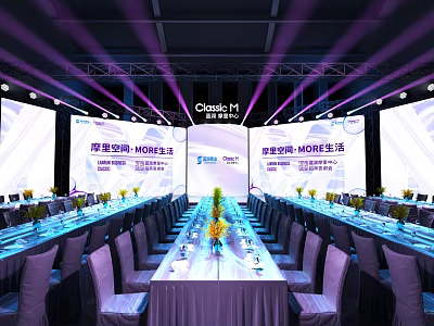 Modern Conference Event Venue With Stage Backdrop Screens Long Tables Chairs And Lighting 3d model