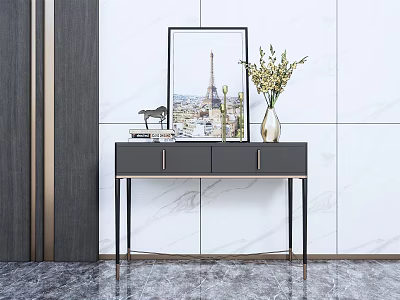 Modern Gray Console Table With Black Legs Decorative Vase Flowers And Eiffel Tower Painting 3d model