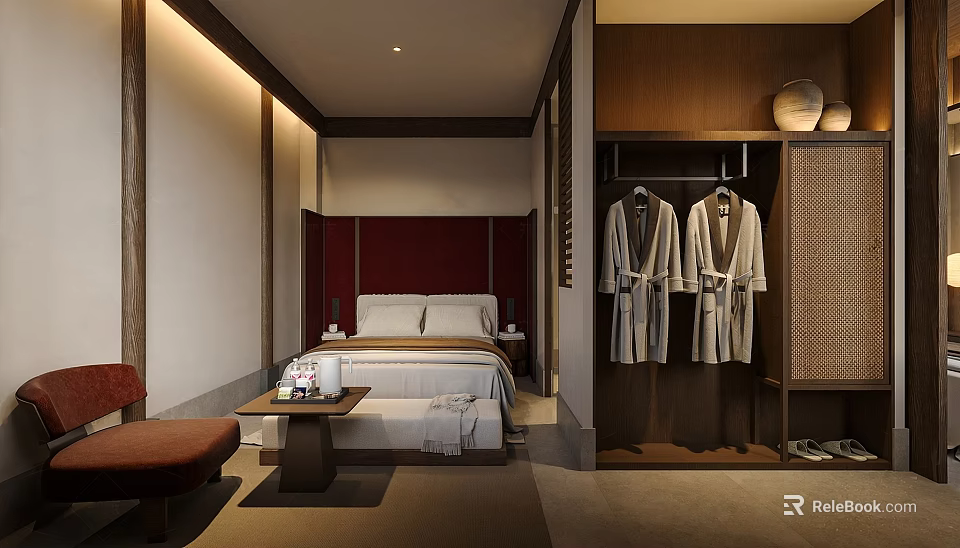 Warm Luxury Hotel Guest Room With Comfortable King Bed And Open Wooden Wardrobe Amenities 3d model 