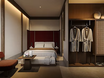 Warm Luxury Hotel Guest Room With Comfortable King Bed And Open Wooden Wardrobe Amenities 3d model