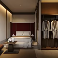 Warm Luxury Hotel Guest Room With Comfortable King Bed And Open Wooden Wardrobe Amenities