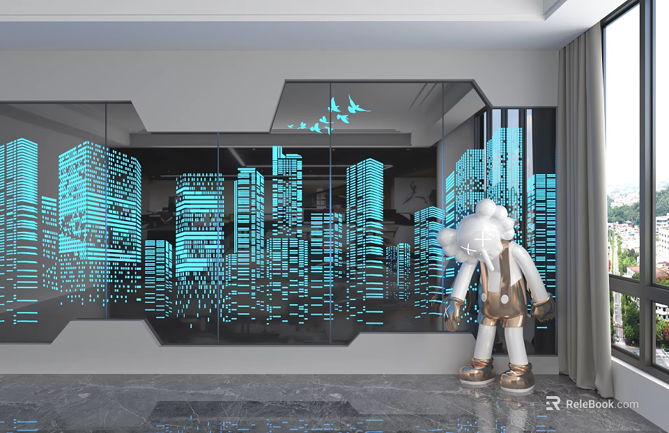 Glass Backdrop with Blue City Building Patterns Butterfly Decorations and White Sculpture 3d model 