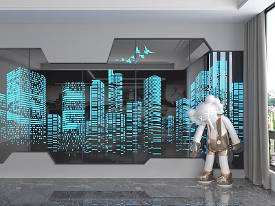 Glass Backdrop with Blue City Building Patterns Butterfly Decorations and White Sculpture 3d model