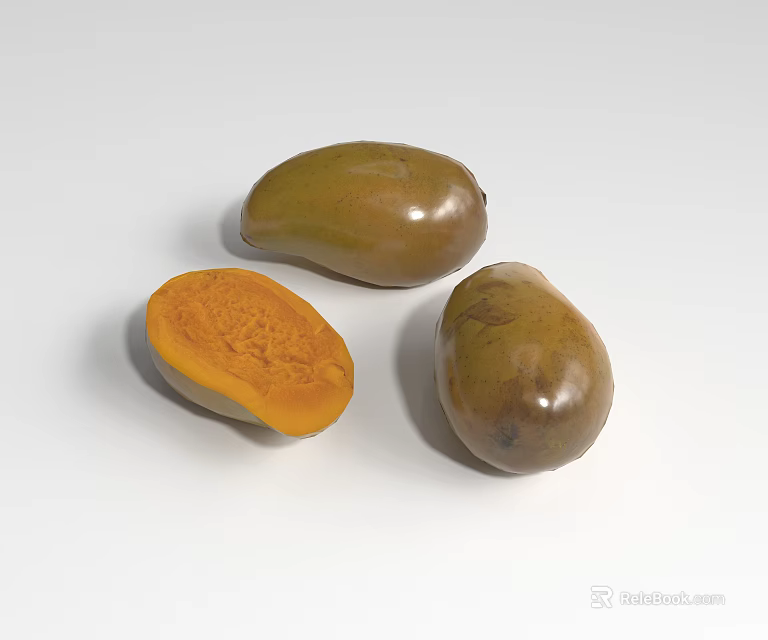 Fresh Ripe Mangoes With Sliced Orange Flesh And Green Brown Skin 3d model 