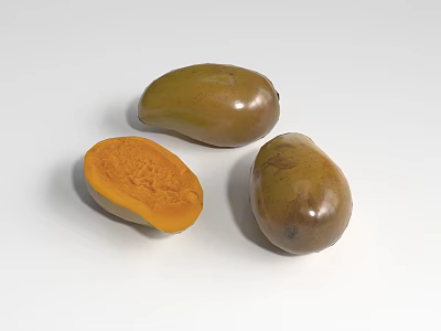 Fresh Ripe Mangoes With Sliced Orange Flesh And Green Brown Skin 3d model