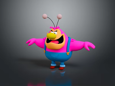 Playful Game Movie Character With Pink Body Yellow Face Antennae And Blue Overalls Outstretched Arms 3d model