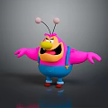 Playful Game Movie Character With Pink Body Yellow Face Antennae And Blue Overalls Outstretched Arms
